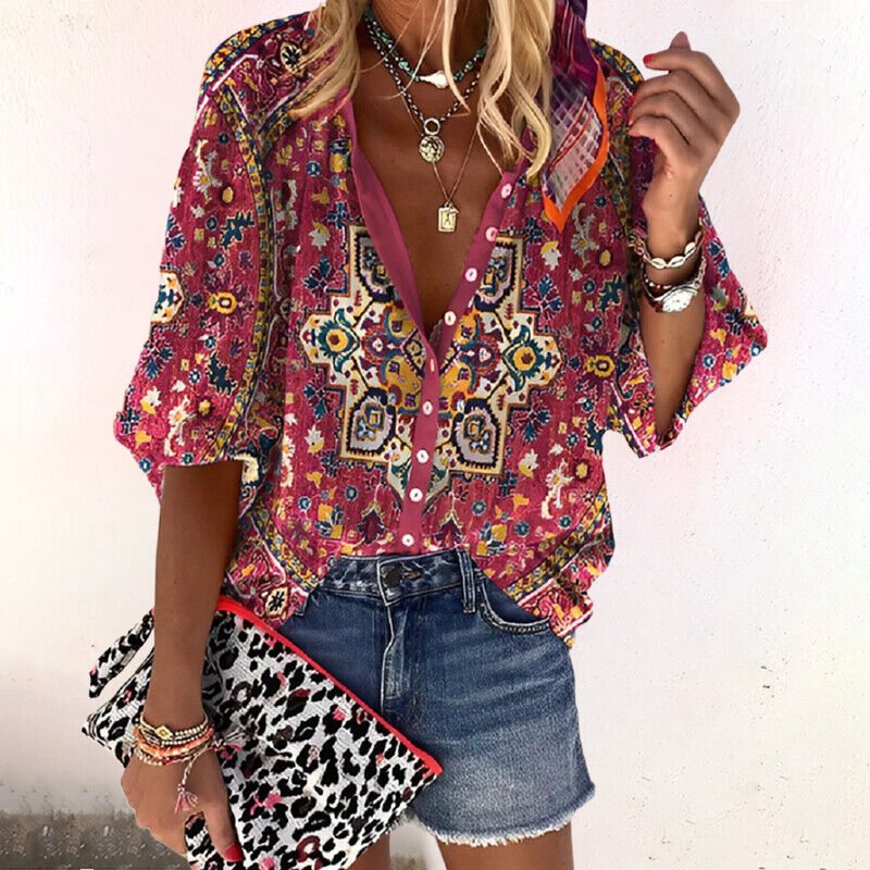 Dames Zomer Blouse met Print – Lichtgewicht Blouse met Knoopsluiting & Halflange Mouwen