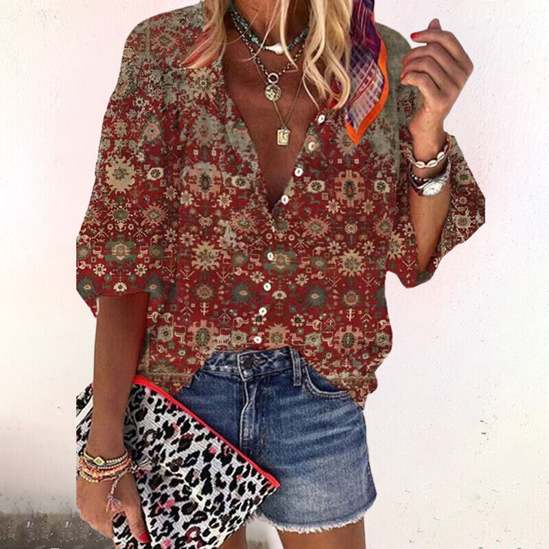 Dames Zomer Blouse met Print – Lichtgewicht Blouse met Knoopsluiting & Halflange Mouwen