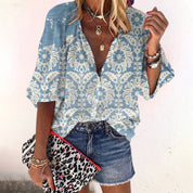 Dames Zomer Blouse met Print – Lichtgewicht Blouse met Knoopsluiting & Halflange Mouwen