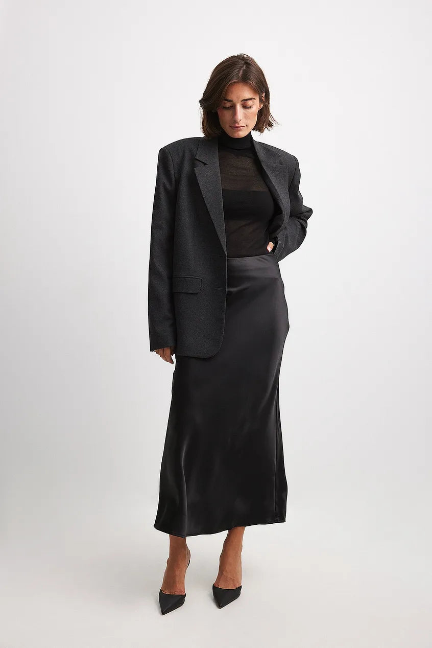 Satijnen Midi-Rok Dames – Elegante Rok met Hoge Taille en Glanzende Afwerking