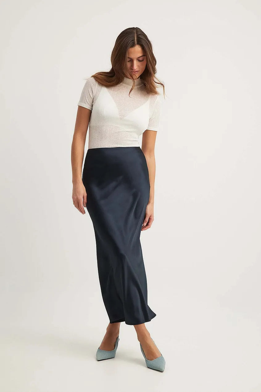 Satijnen Midi-Rok Dames – Elegante Rok met Hoge Taille en Glanzende Afwerking
