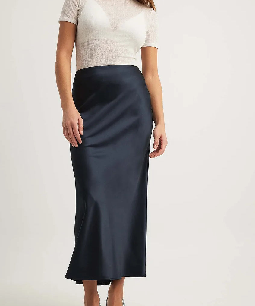 Satijnen Midi-Rok Dames – Elegante Rok met Hoge Taille en Glanzende Afwerking