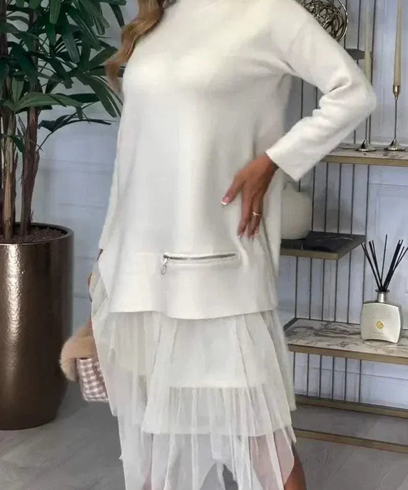 Casual Damesjurk Ysolde – Lange Mouwen Jurk met Mesh Rok en Midaxi-Lengte