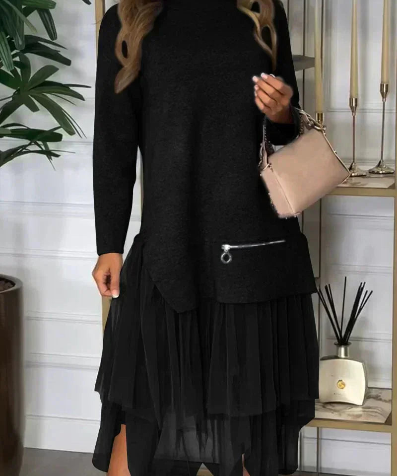 Casual Damesjurk Ysolde – Lange Mouwen Jurk met Mesh Rok en Midaxi-Lengte