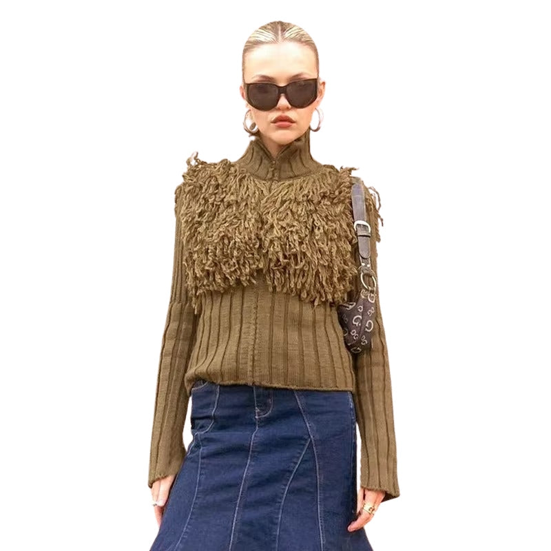 Elena dames trui – lange mouwen met franjes & ritssluiting voorzijde