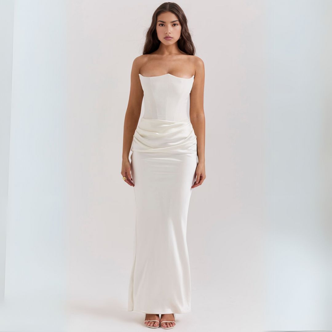 Loravelle dames satijnen strapless corsetjurk – elegante maxi-jurk met geplooid detail